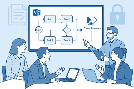 Enterprise workflow design scene in 32 format a Visio BPMN diagram on a large display being exported to Power Automate with connectors and actions visible Clean Microsoft aesthetic bluewhite palette compliance icons policy lock subtly in the backgrou